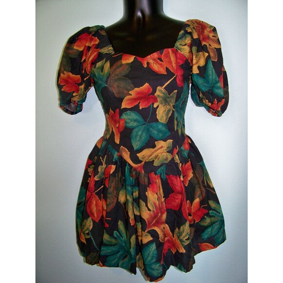 Girls Autumn Leaves Dress Falling Fall Leaf Print Vintage 80s - Picture 4 of 8